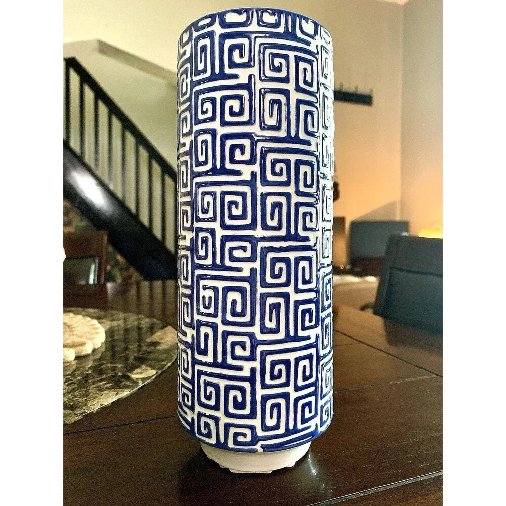 Vtg Inspired Blue White Greek Key Ceramic Vase Chinoiserie Hollywood Regency 10